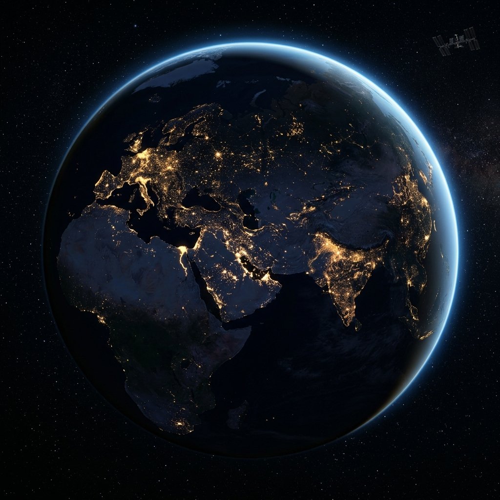 Earth at night from space showing global city lights across Europe, Middle East, Asia